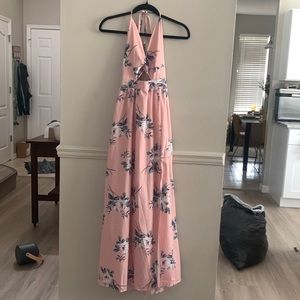 Light pink floral dress, slit left leg, tie strap with zipper, brand CBR